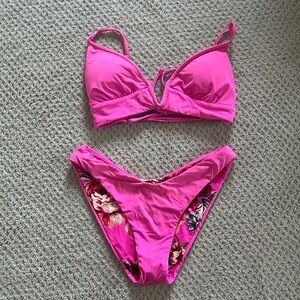Maaji Fuchsia Agate Parade Long Line Triangle Bikini Top & Double V Bottom